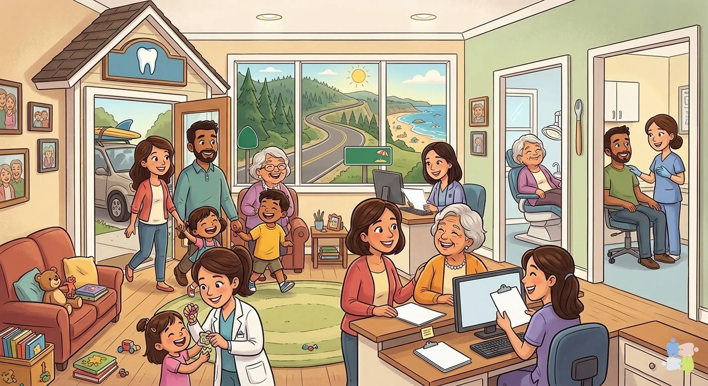 Family-friendly dental office illustration with Santa Cruz coastal scenery and Highway 17 visible in the background.